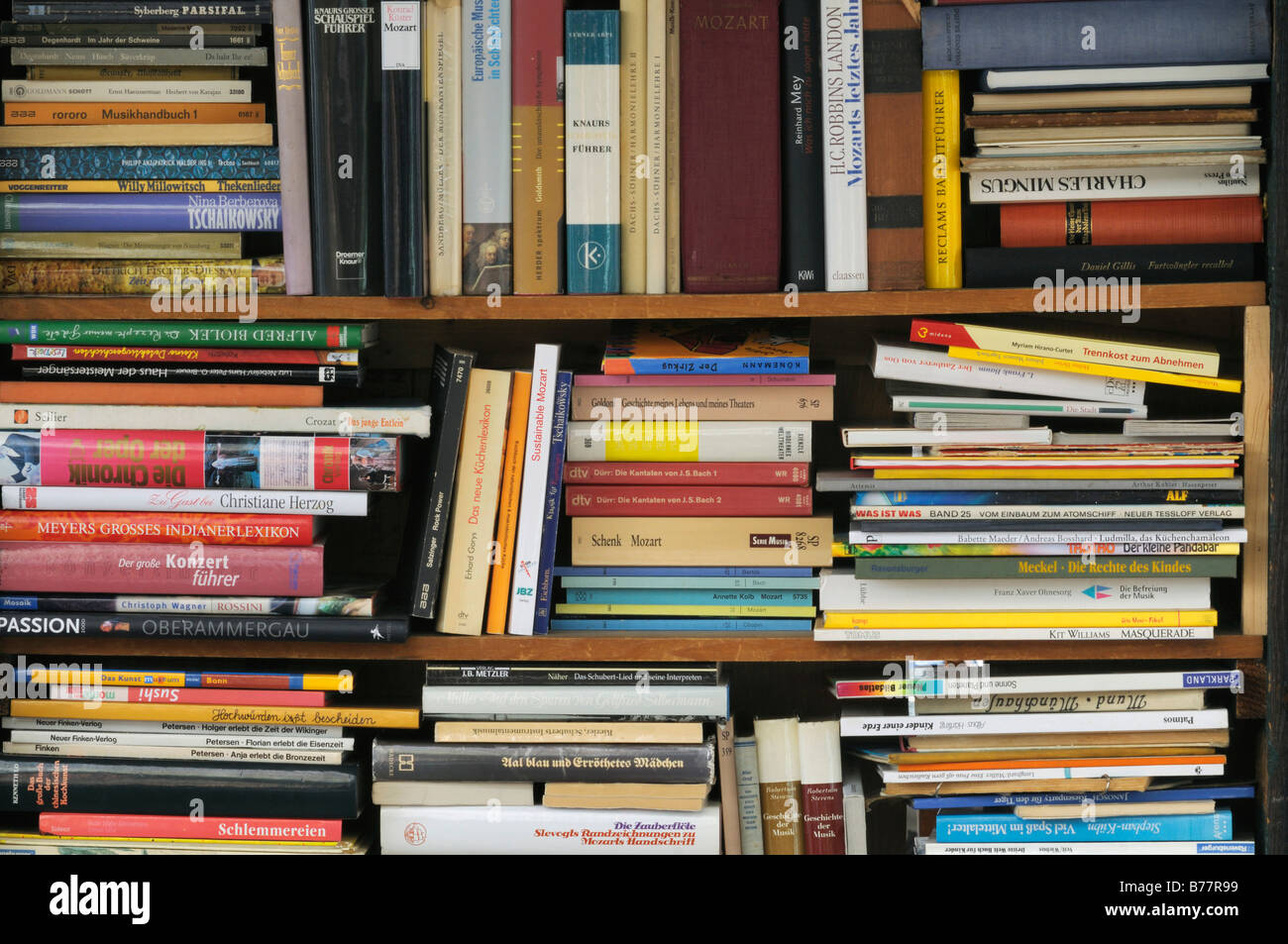 Variegated range in an antiquarian book shop, narrow book spines Stock Photo