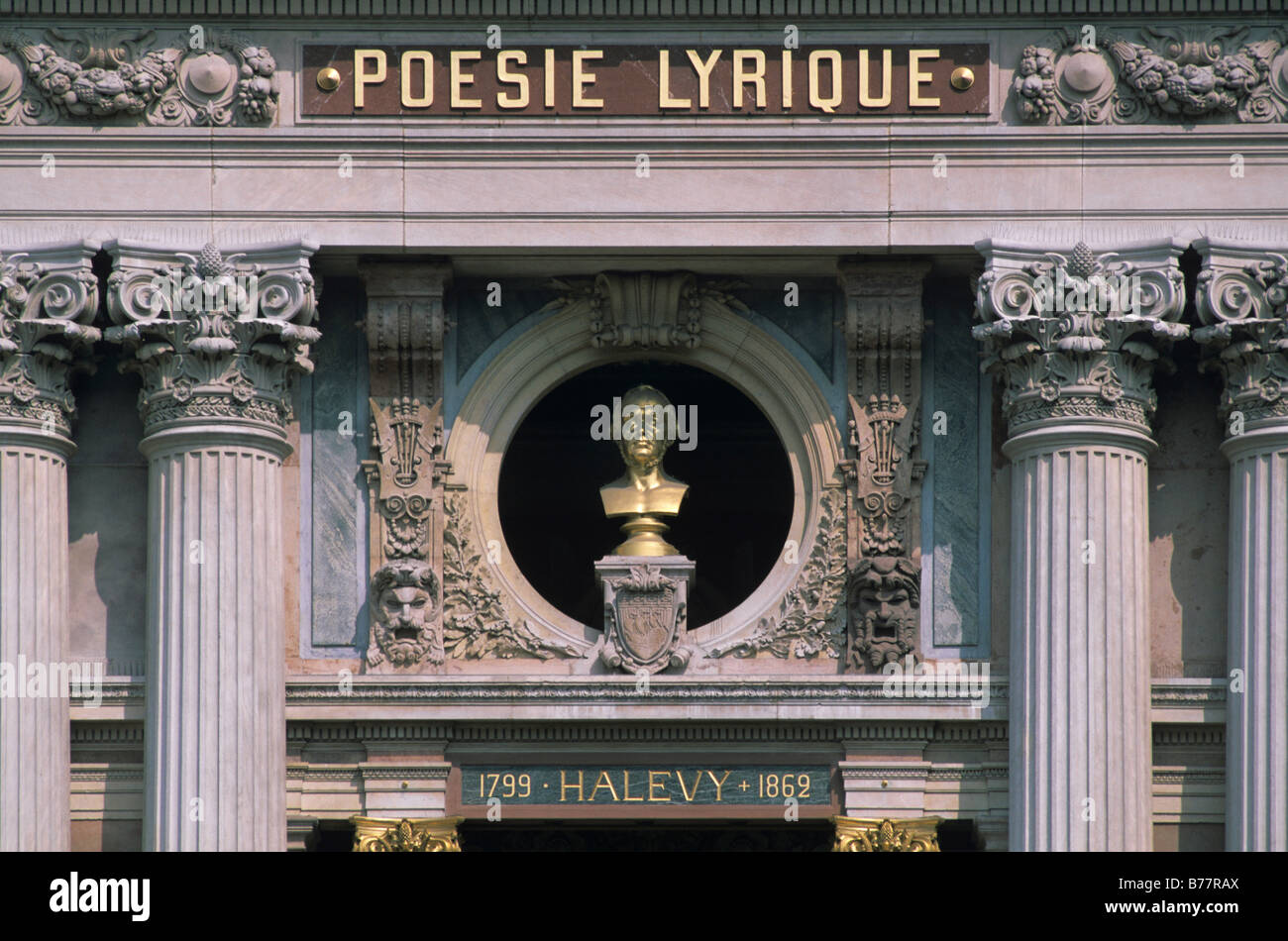 Facade detail of the Opéra Garnier, Poesie Lyrique, bust of Jacques François Élie Fromental Halévy, actually: Elias Lévy, Frenc Stock Photo