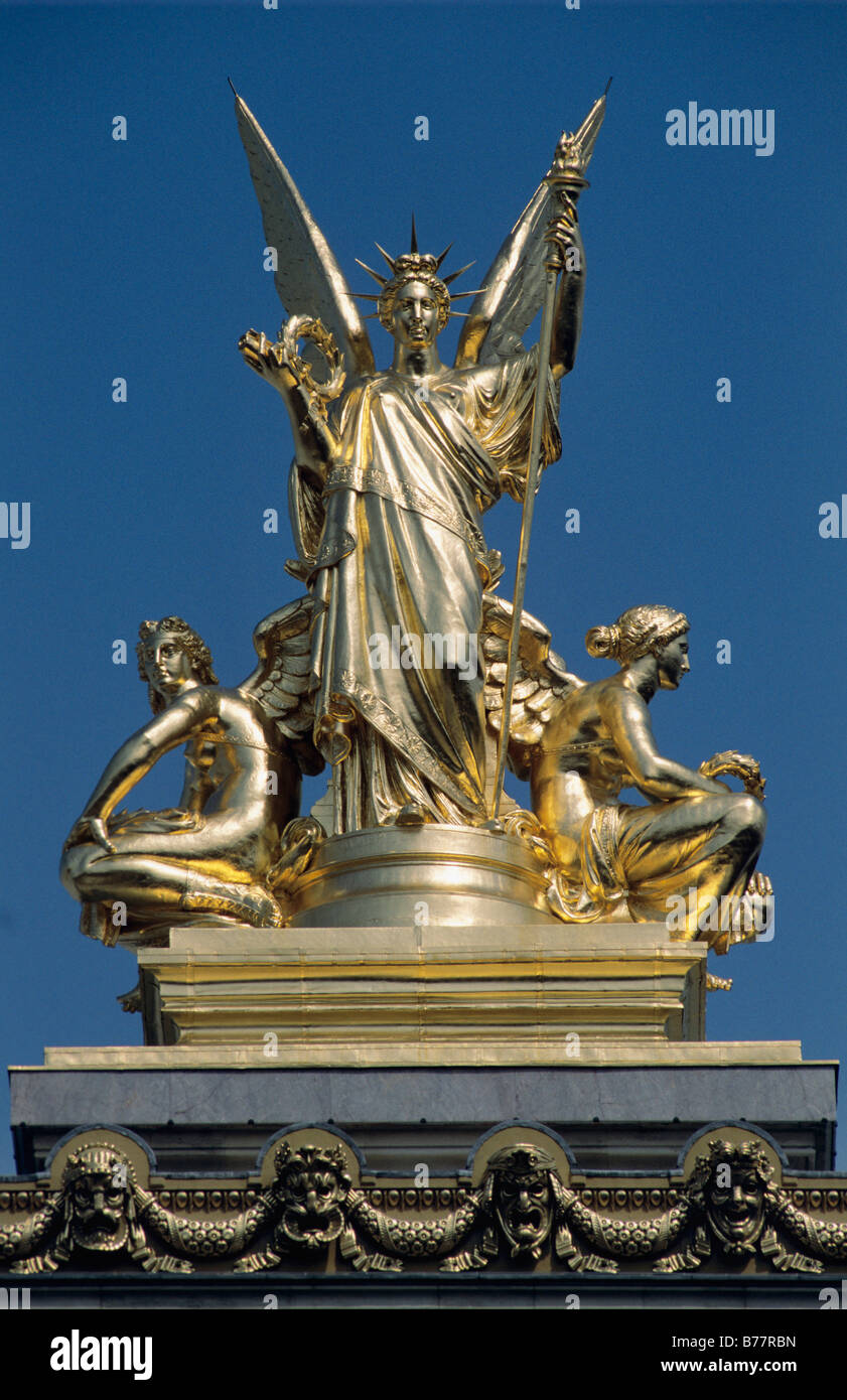 Gilded figural group, L'Harmonie, the left roof sculpture of the Opéra Garnier, Paris, France, Europe Stock Photo