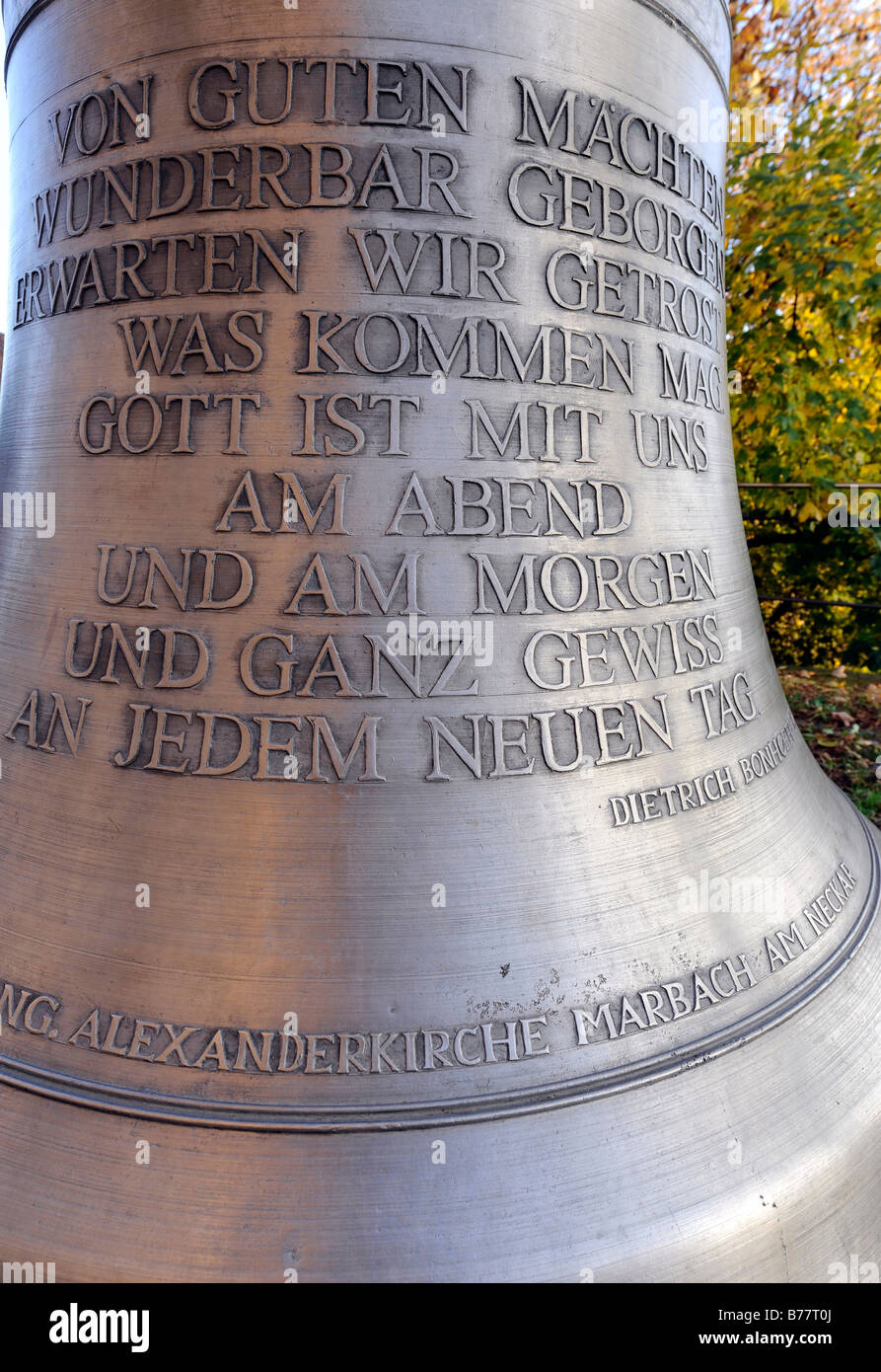 Alexanderkirche, Alexander Church prayer bell, with inscription by Dietrich BONHOEFFER, Marbach on the Neckar, Baden-Wuerttembe Stock Photo