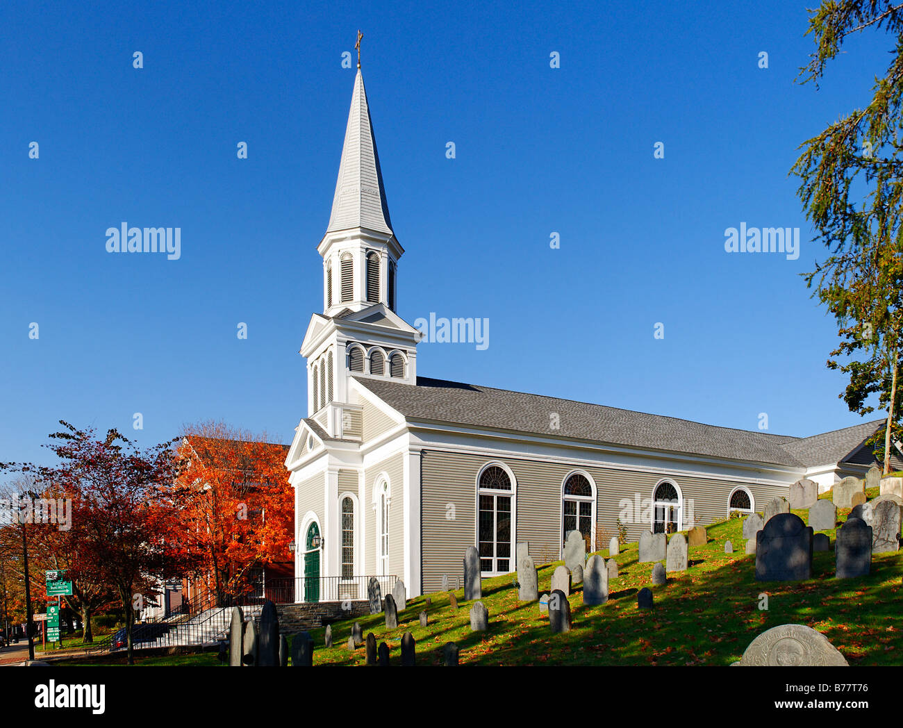 Saint Bernard Catholic Church and Old Hill Burying Ground Concord MA Massachusetts Stock Photo