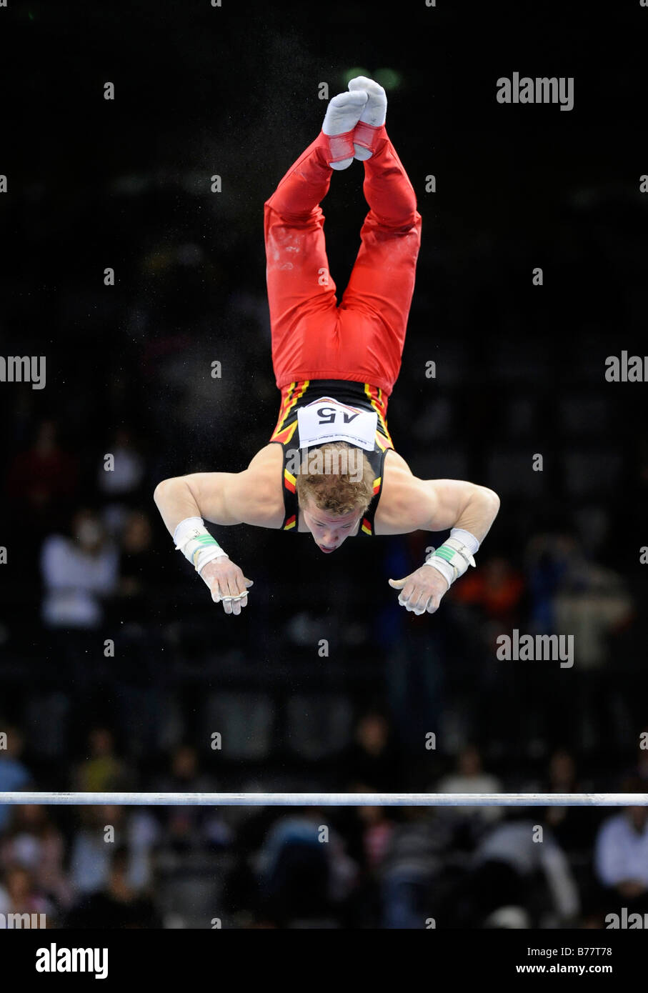 Fabian Hambuechen, Germany, performing on the horizontal bar, Gymnastics World Cup Stuttgart 2008, Stuttgart, Baden-Wuerttember Stock Photo