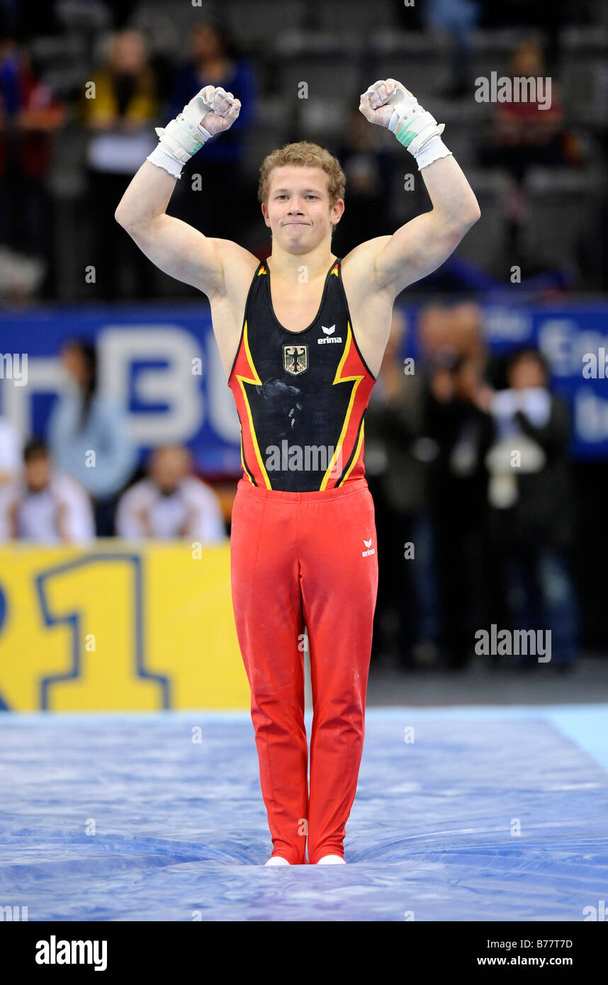 Fabian Hambuechen, Germany, victory pose, Gymnastics World Cup Stuttgart 2008, Stuttgart, Baden-Wuerttemberg, Germany, Europe Stock Photo