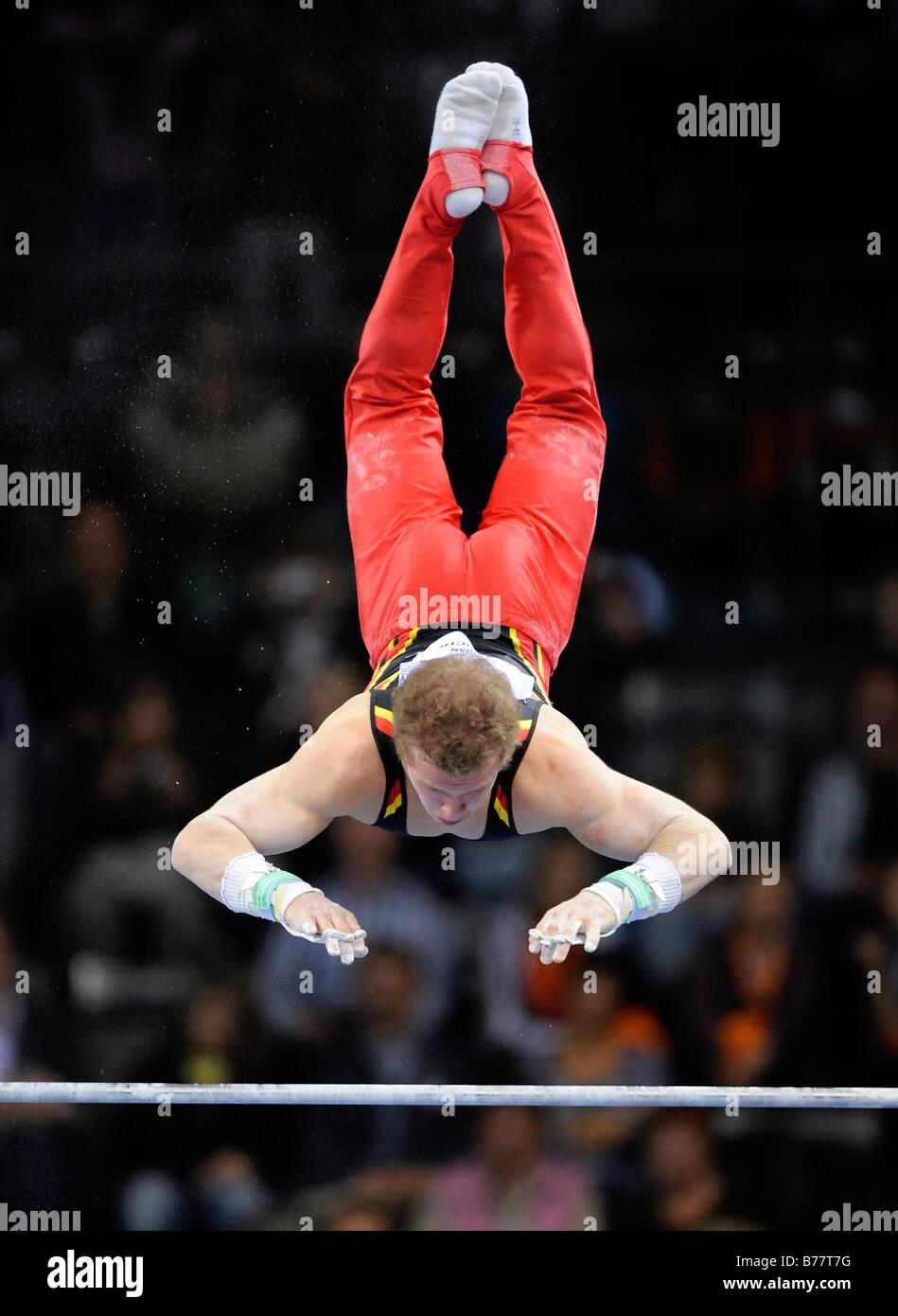 Fabian Hambuechen, Germany, performing on the horizontal bar, Gymnastics World Cup Stuttgart 2008, Stuttgart, Baden-Wuerttember Stock Photo