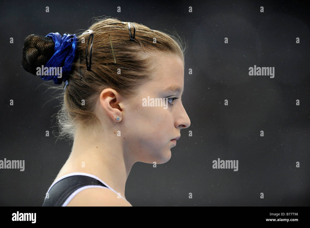 Anna Pavlova, Russia, portrait in front of chalk powder, concentration, Gymnastics World Cup Stuttgart 2008, Baden-Wuerttemberg Stock Photo