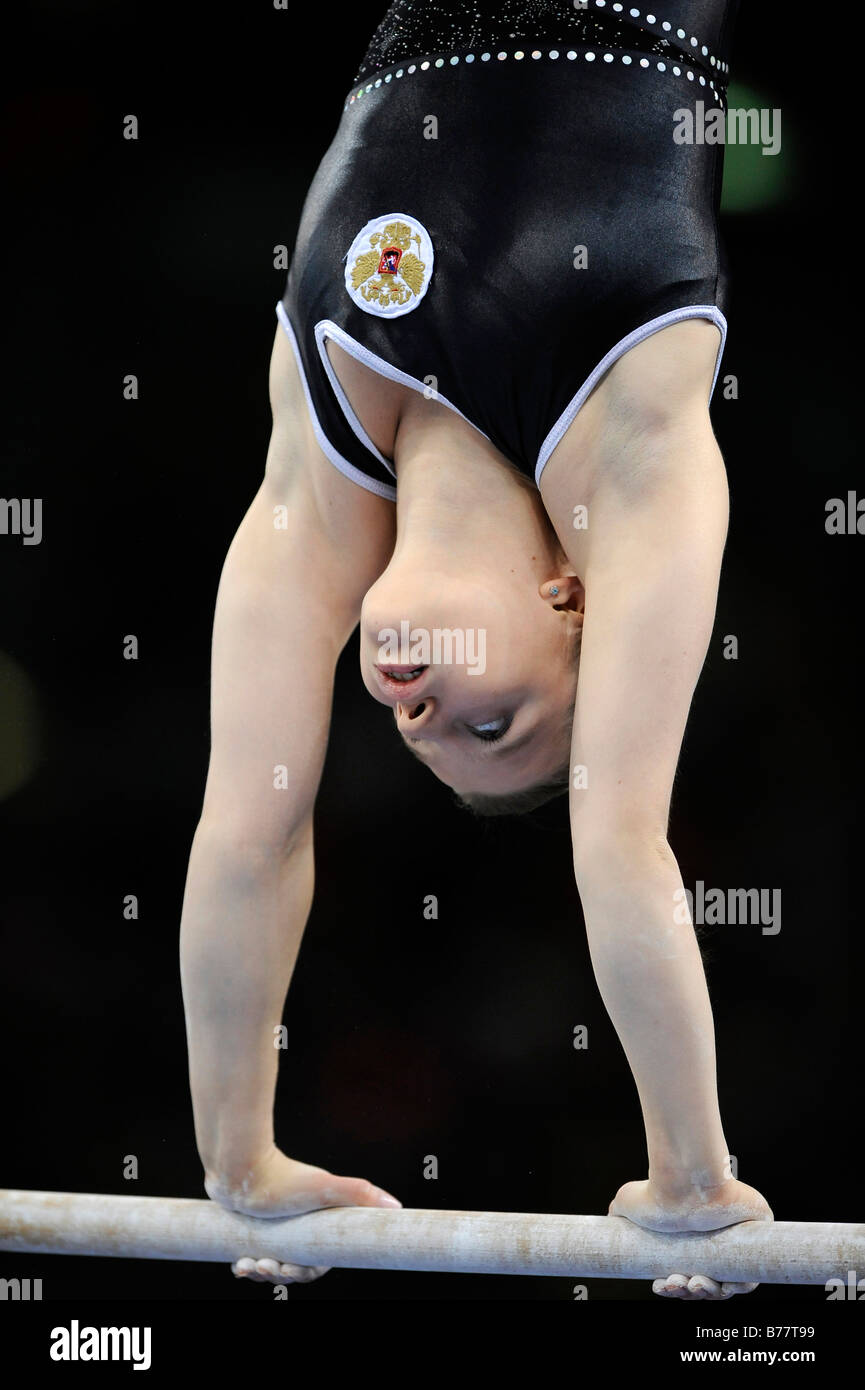 Anna Pavlova, Russia, performing on the asymmetric bars, Gymnastics World Cup Stuttgart 2008, Baden-Wuerttemberg, Germany, Euro Stock Photo