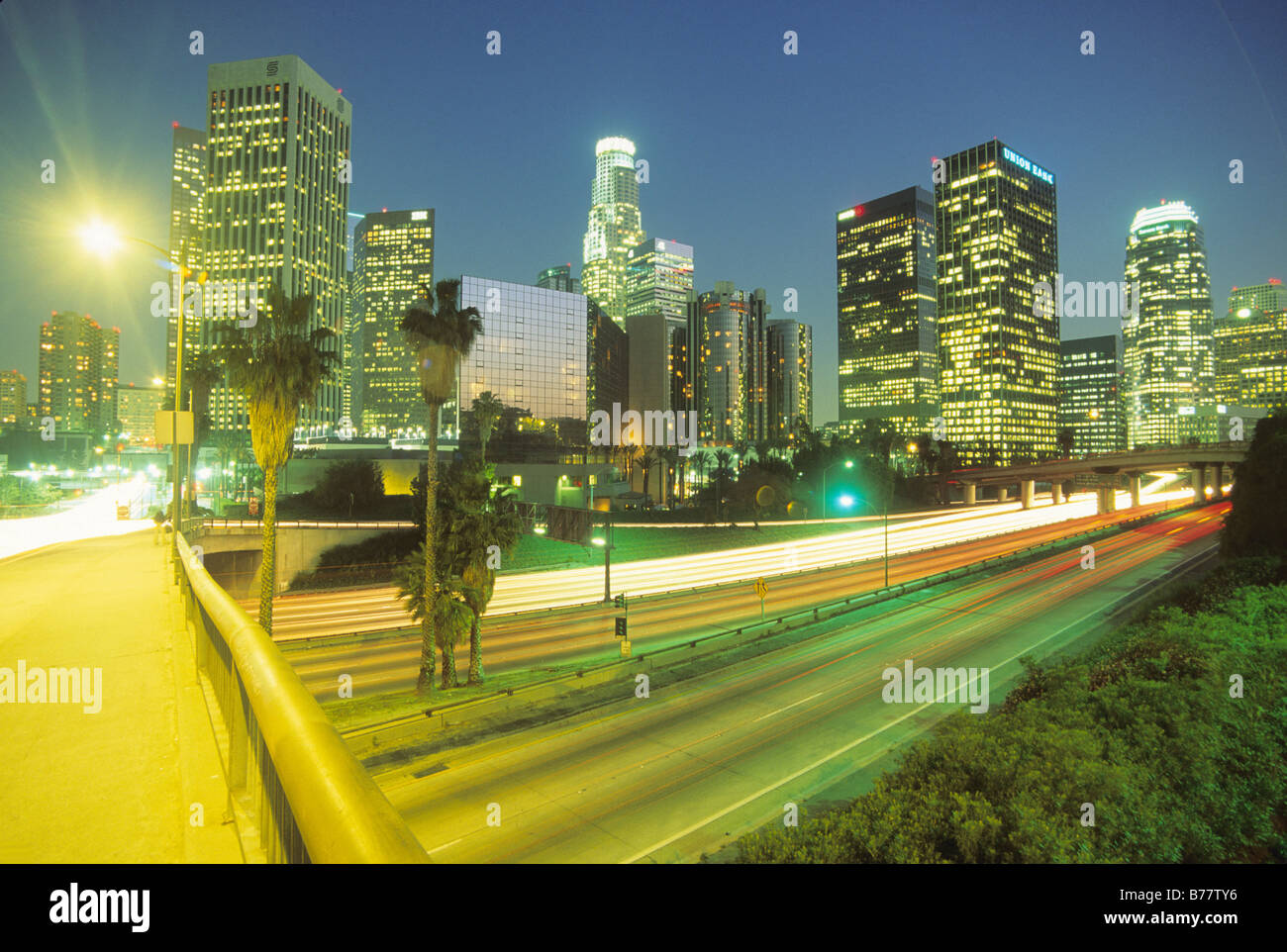 Streaked lights of moving traffic on  I 110 downtown Los Angeles California Stock Photo