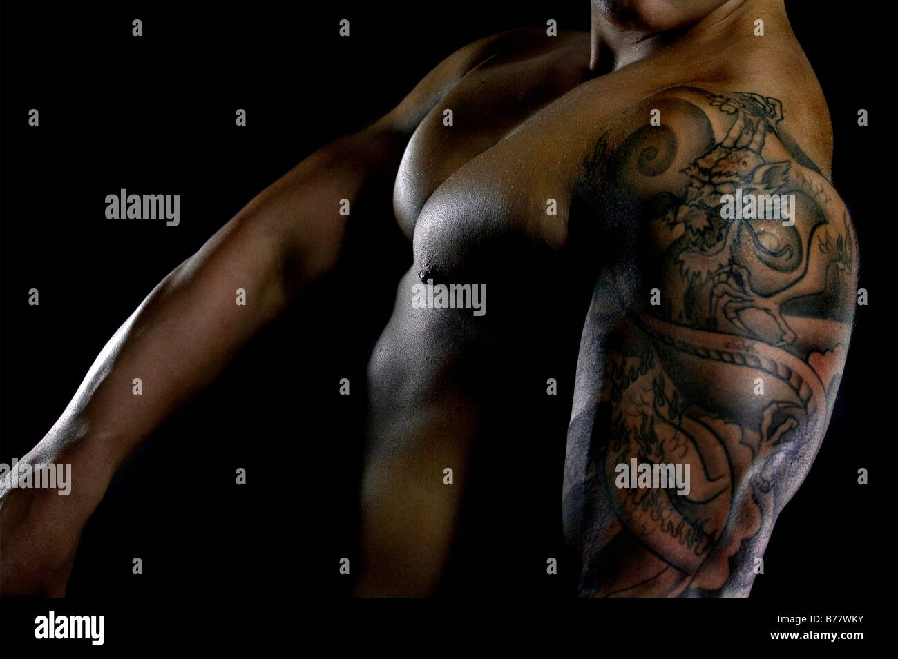 Bodybuilder, torso, tattooed Stock Photo