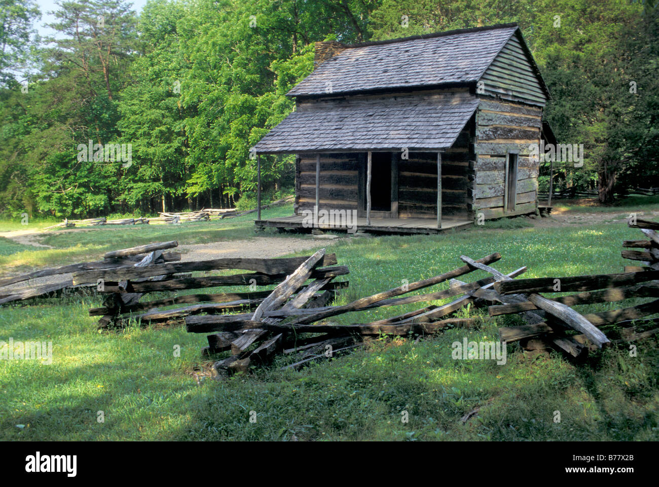 Log cabin of John Oliver built in the 1820s Great Smoky Mountains National Park Tennessee. Photograph Stock Photo
