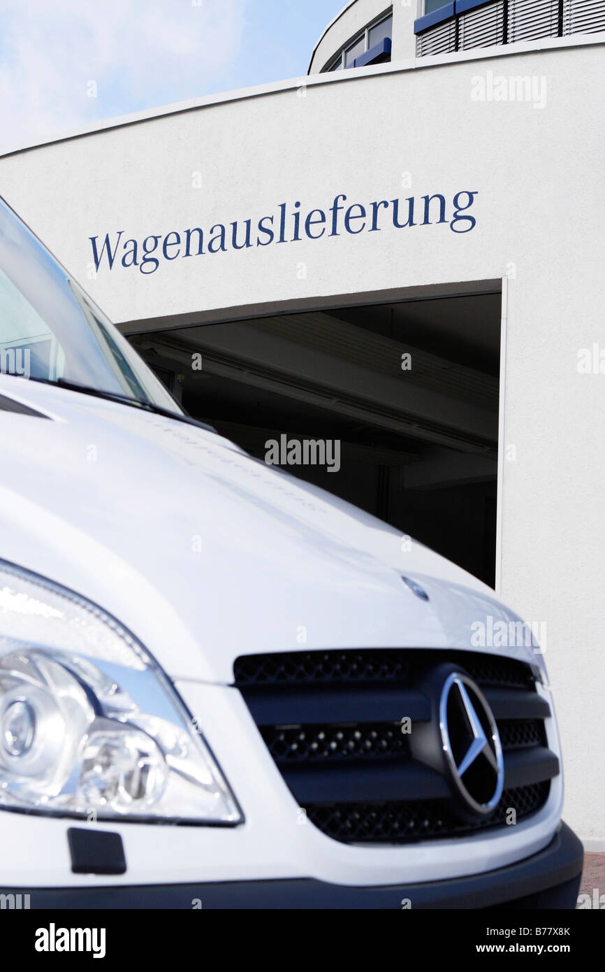 Mercedes car dealership with a Sprinter, to be handed over Stock Photo