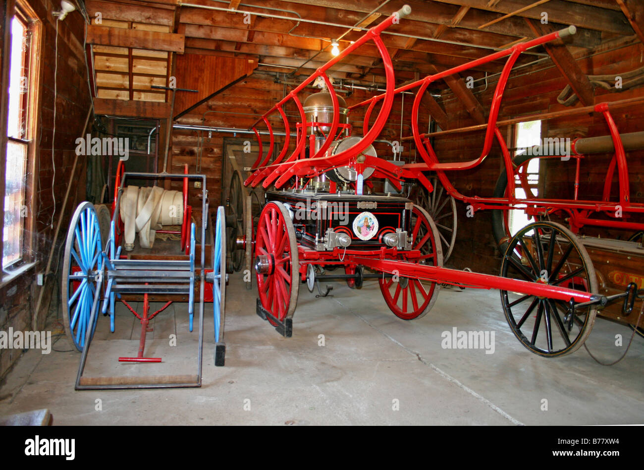Vintage firefighting equipment in old firehouse in Columbia State