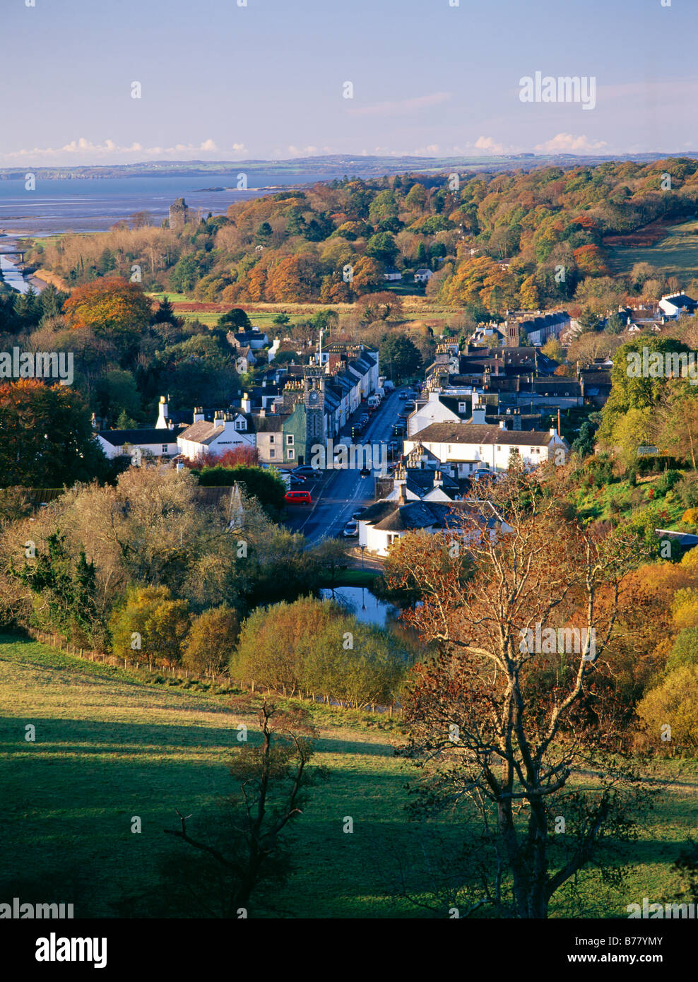A fall landcape Galloway looking down on town of Gatehouse of Fleet and out to Wigtown Bay Scotland UK Stock Photo