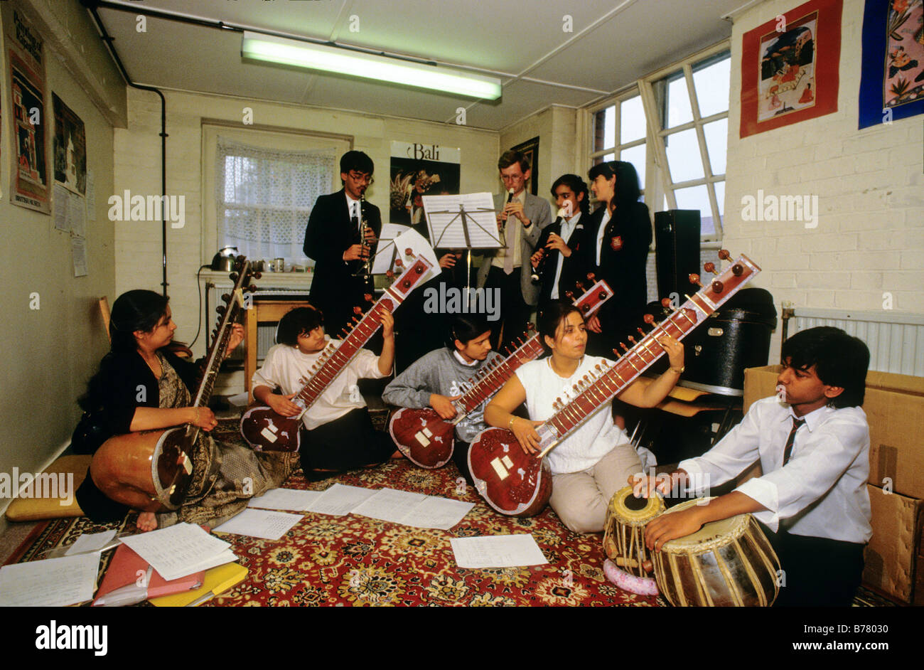 A school music class using Indian instruments including sitars Stock