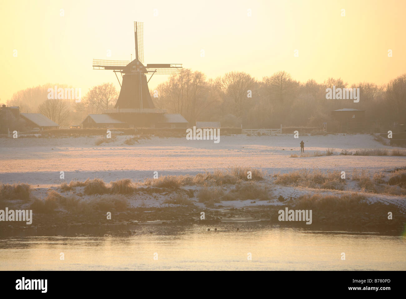 sunset windmill, river ijssel, Dutch winter cold, Overijssel, Deventer, The Netherlands Stock Photo