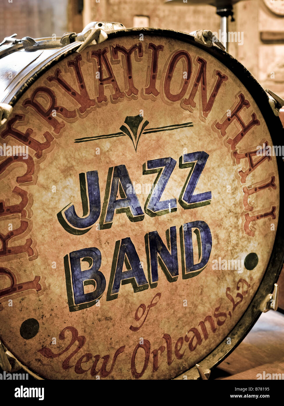 Drum kit front panel illustrated ' Preservation Hall Jazz Band' Preservation Hall, New Orlean, Louisiana, USA Stock Photo