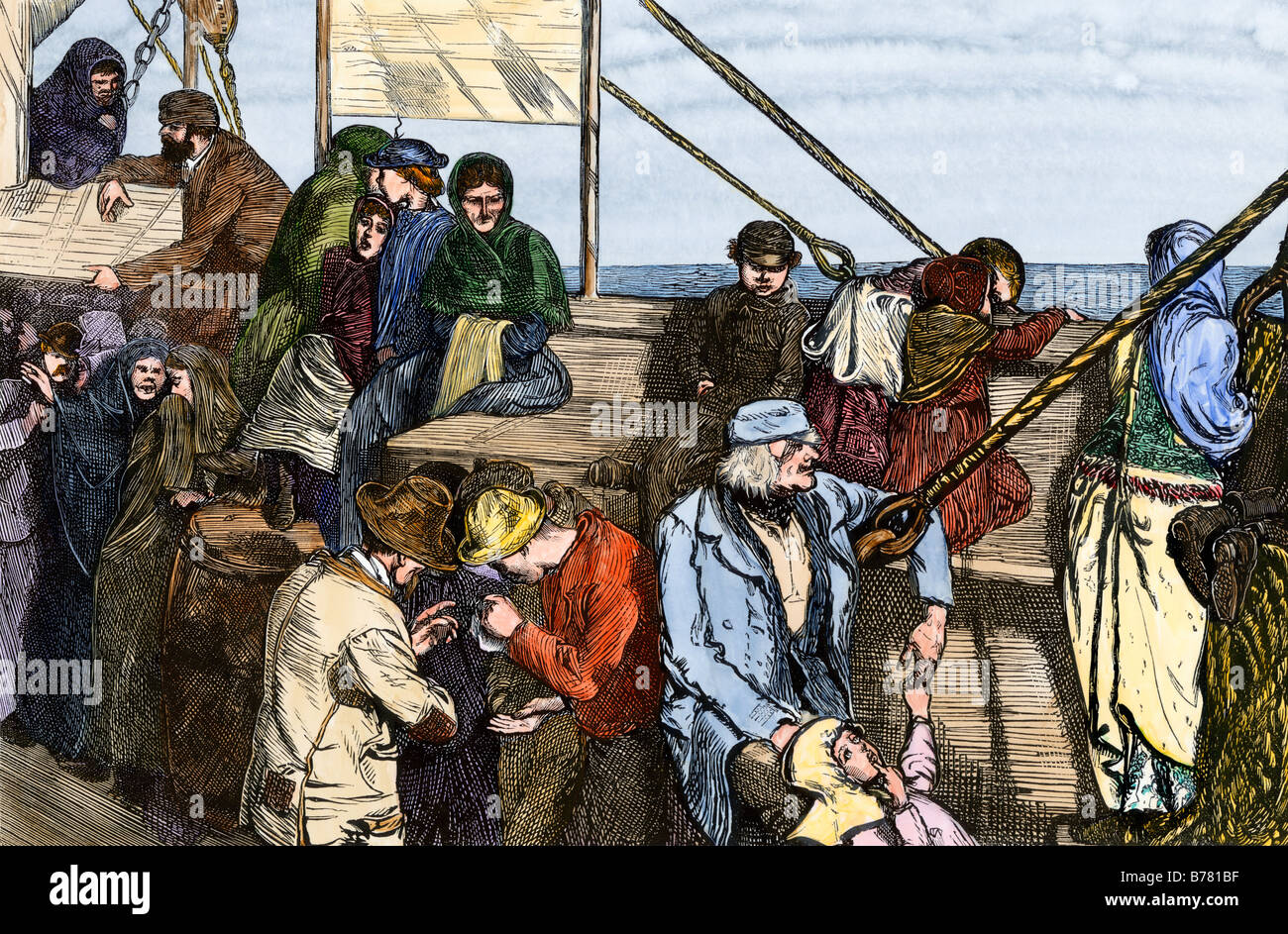 Immigrant families sailing across the Atlantic to America mid-1800s. Hand-colored woodcut Stock Photo