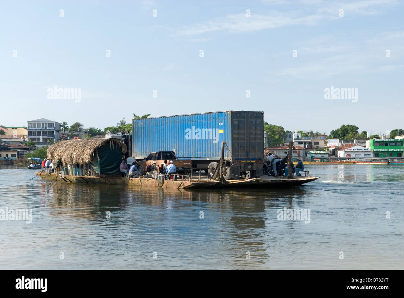 Ferry across Río de la Pasión in Sayaxché. Northern Guatemala. Stock Photo