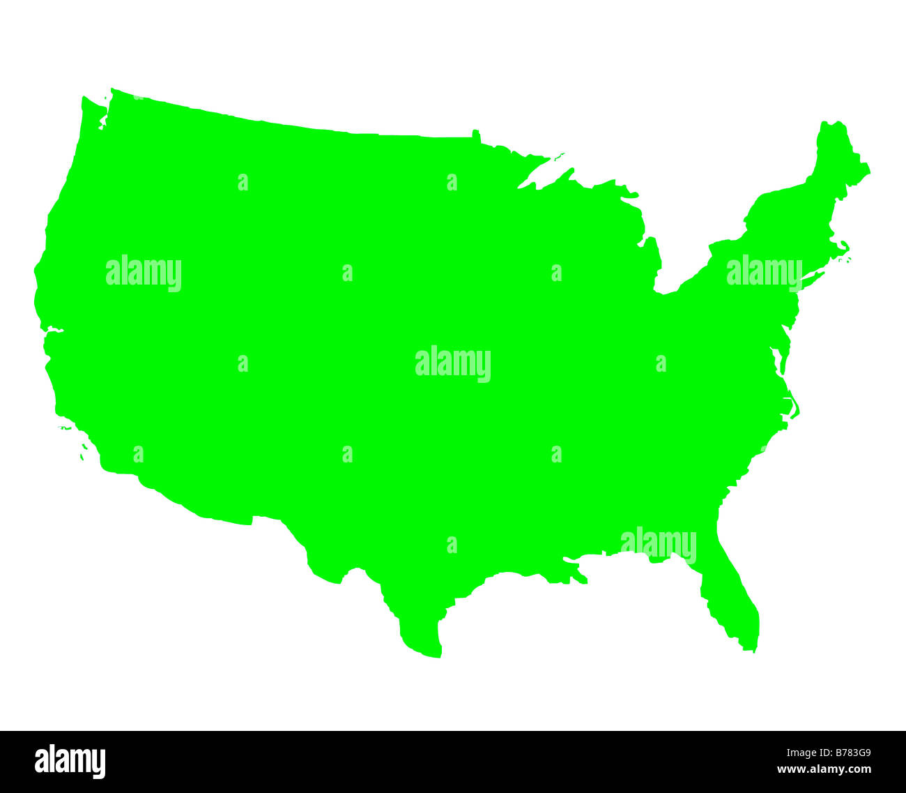 United States of America outline map in green isolated on white background Stock Photo