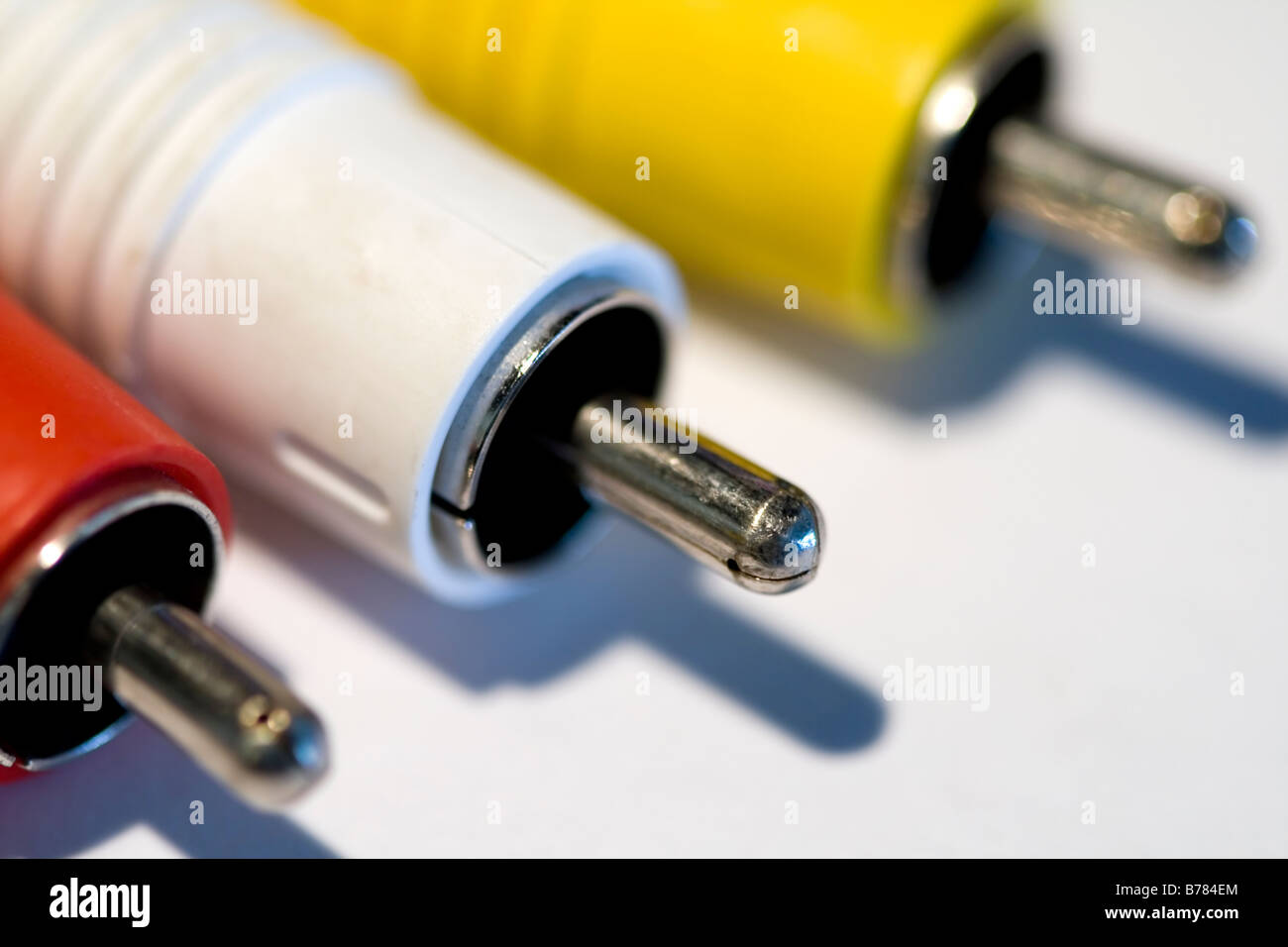 Three ends of a component cable; red, yellow and white Stock Photo Alamy