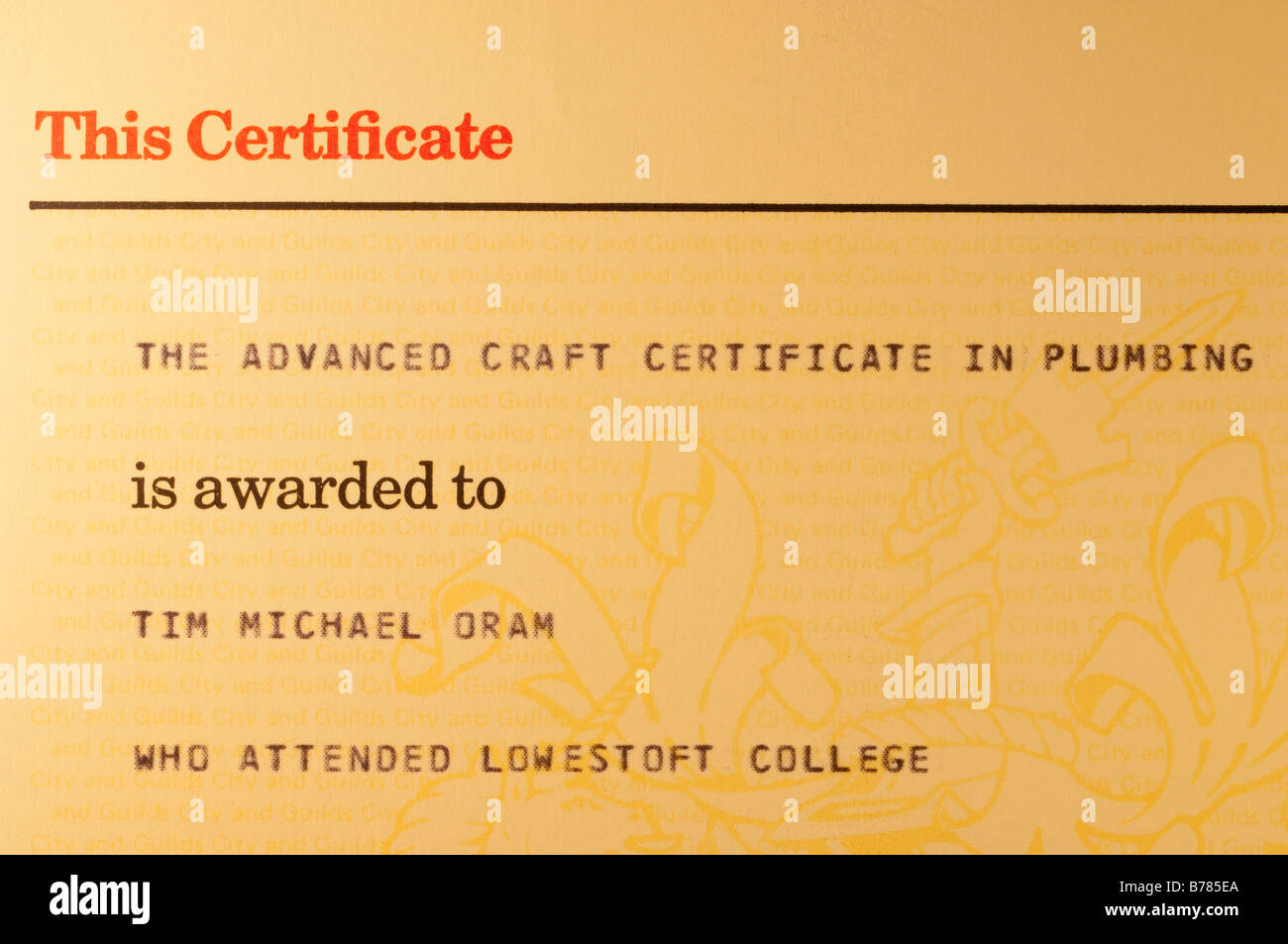 The advanced craft certificate in plumbing issued by City and Guilds of London Institute for passing exams to be a plumber Stock Photo
