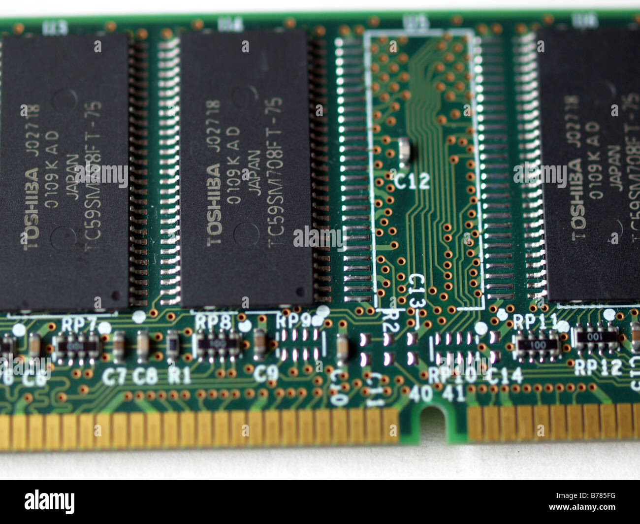 A printed curcuit board with memory chips. Stock Photo