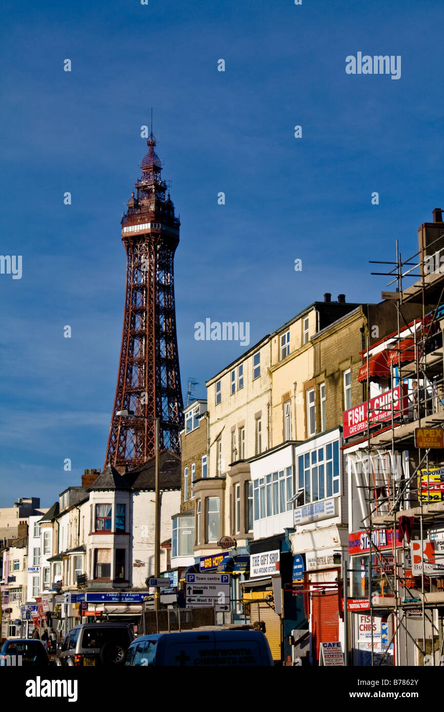Blackpool Tower seen from a busy commercial street Stock Photo