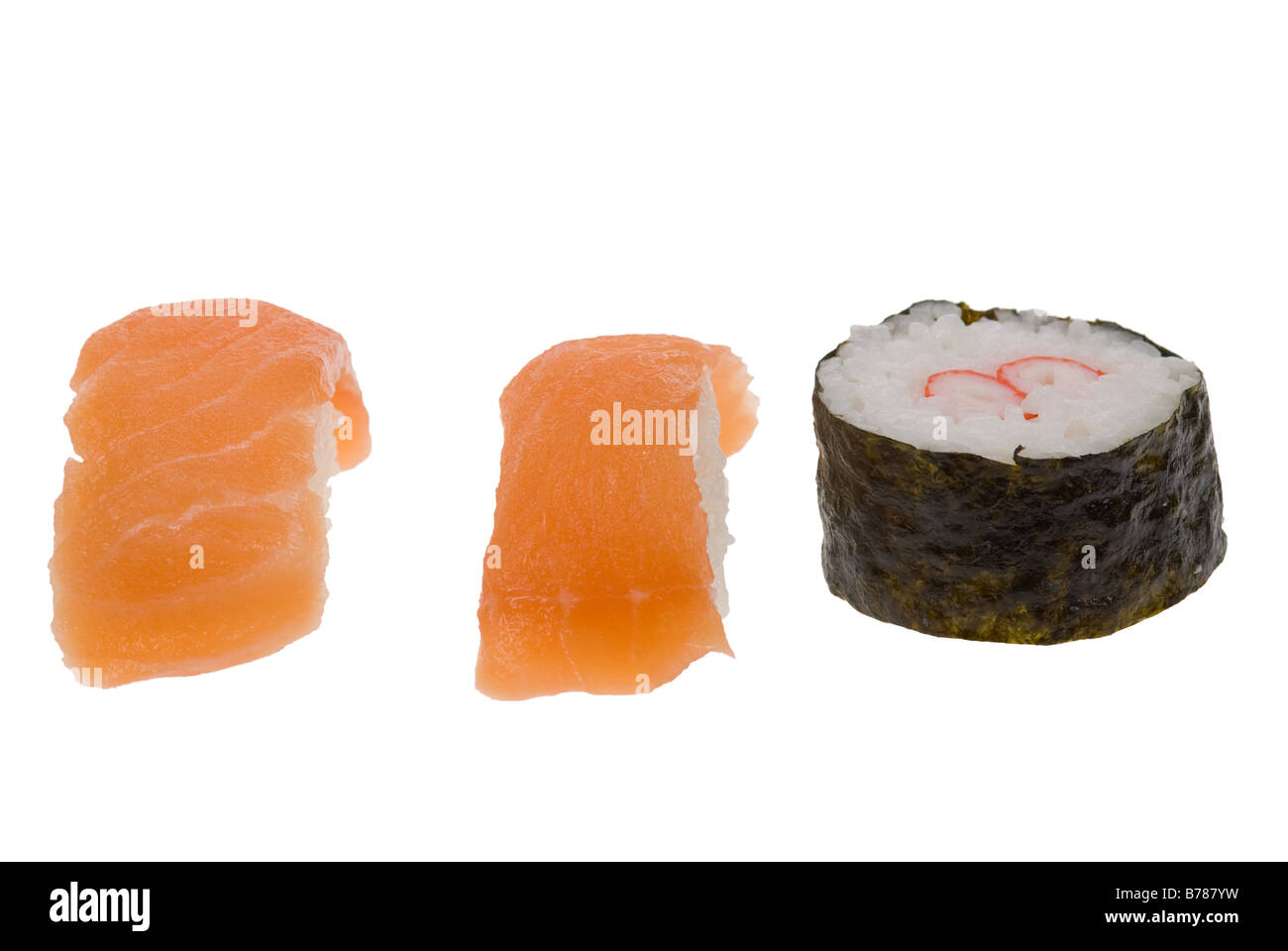 sushi roll and salmon sushi isolated on a white background Stock Photo