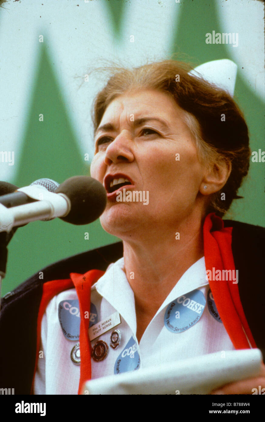 NHS WORKERS DAY OF ACTION LONDON MARCH 22 9 82 A nurse speaks at a demo Stock Photo