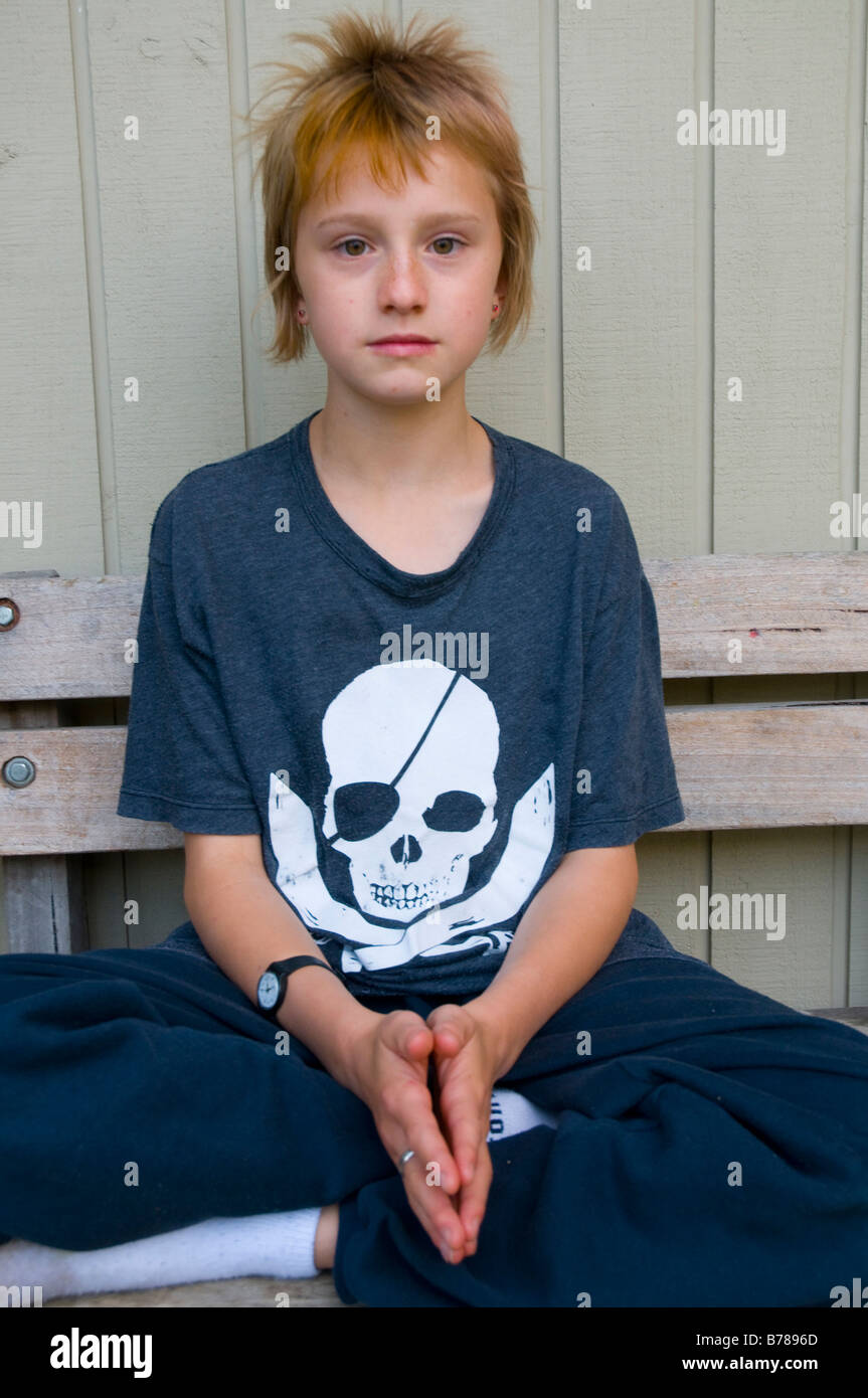 Zany young girl wearing a pirate emblem t shirt Stock Photo
