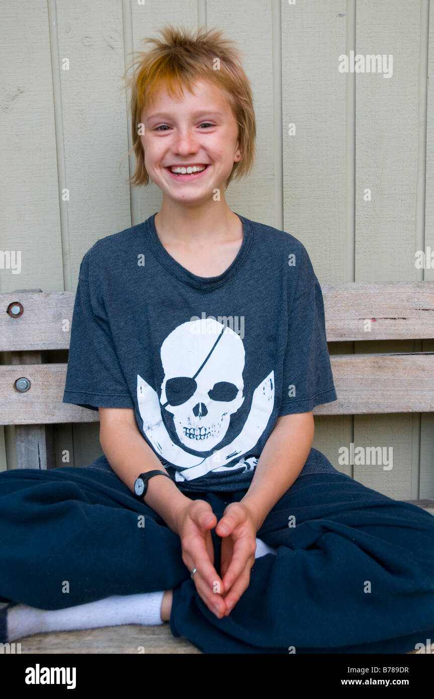 Zany young girl wearing a pirate emblem t shirt Stock Photo