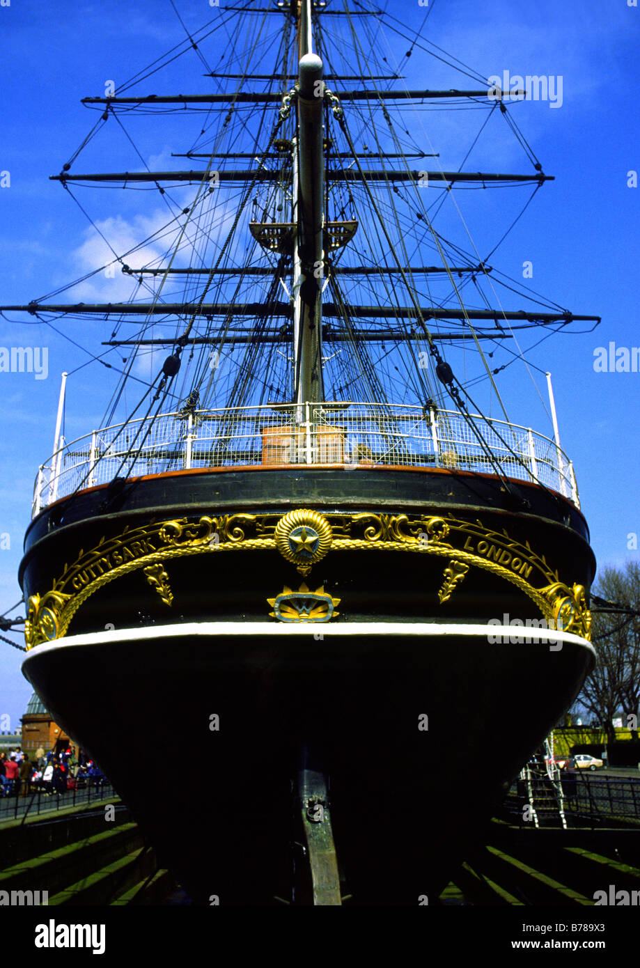 The historic tall ship Cutty Sark on display in Greenwich, London, England, UK Stock Photo