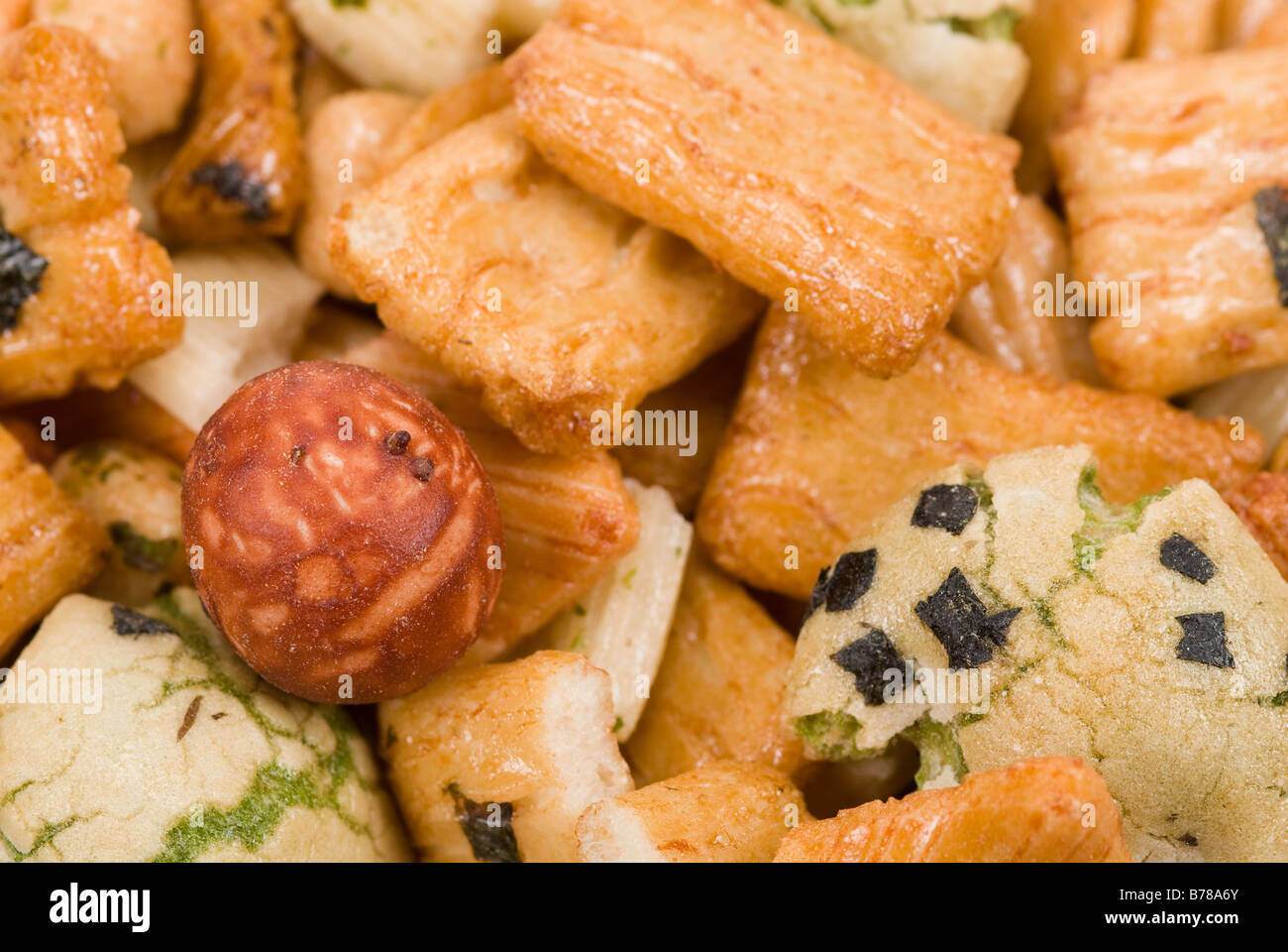 close up of japanese rice crackers for background Stock Photo