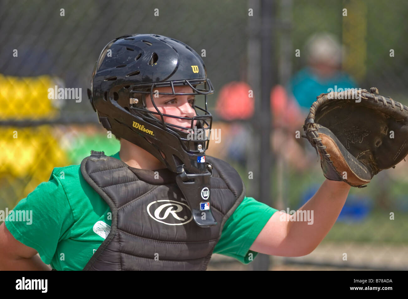 Little League baseball catcher, Ohio USA sports fitness games safety helmet Stock Photo