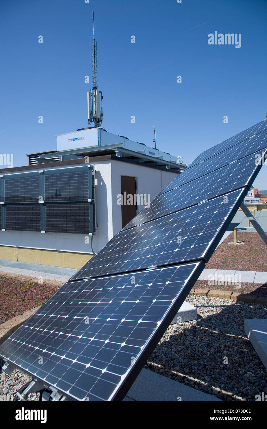 Solar installation on the roof of the Bamberg public utility company, Bamberg, Bavaria, Germany, Europe Stock Photo