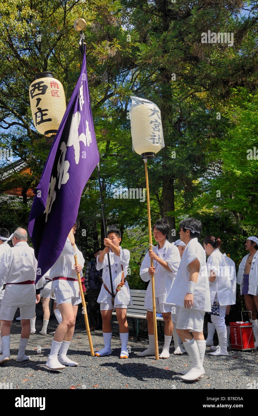 Flag- and lantern carriers of the procession, Matsuri Shrine Festival of the Matsuo Taisha Shrine, Shinto, Kyoto, Japan, Asia Stock Photo