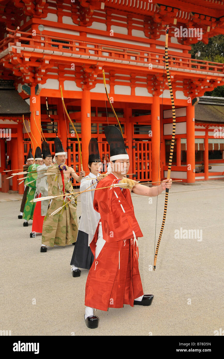 Archers at shooting ritual, archery ceremonial in Shimogamo Shrine ...