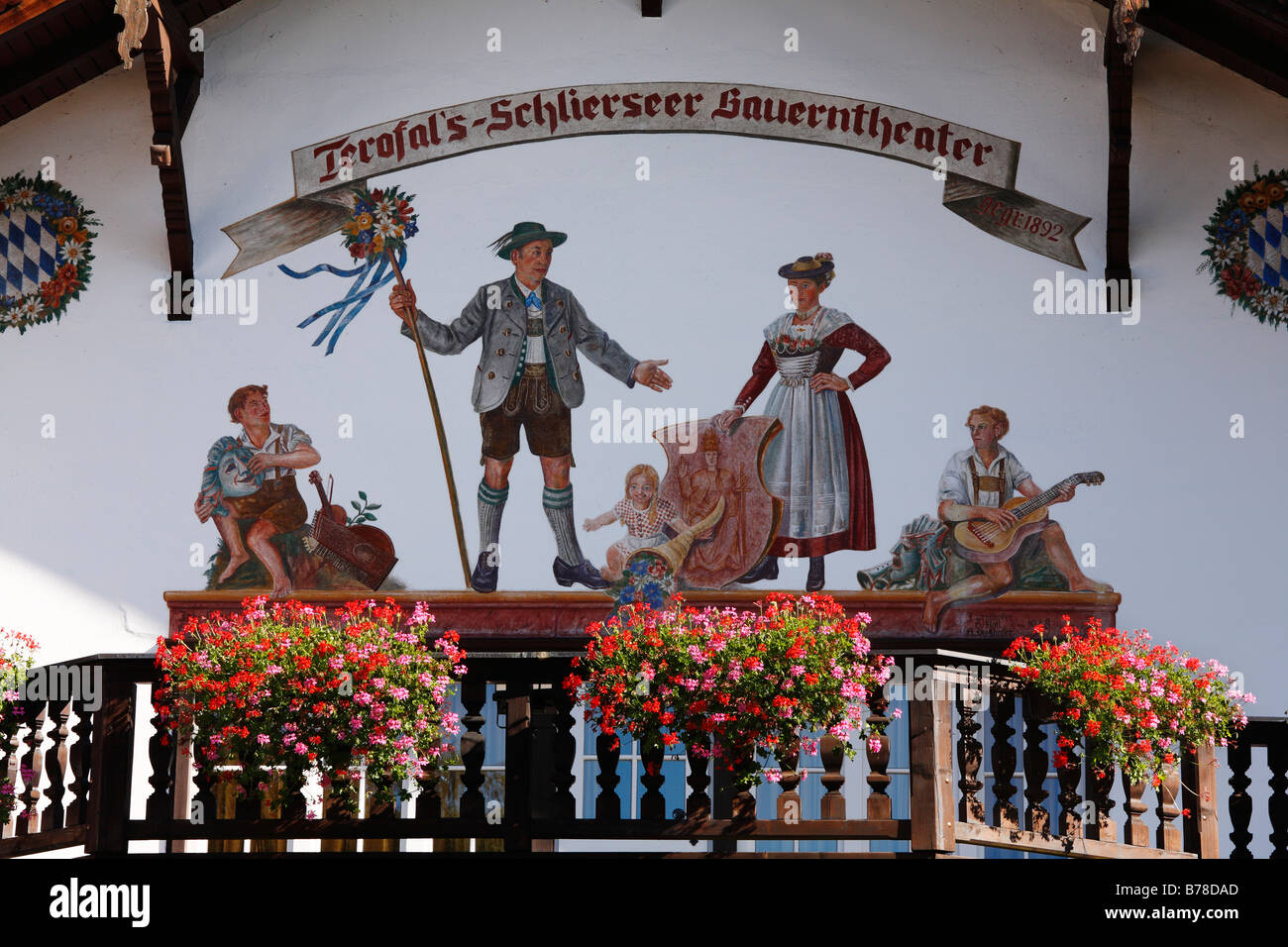 Lueftlmalerei, wall-painting, 'Terofal Schliersee farmers theatre', Schliersee, Upper Bavaria, Bavaria, Germany, Europe Stock Photo