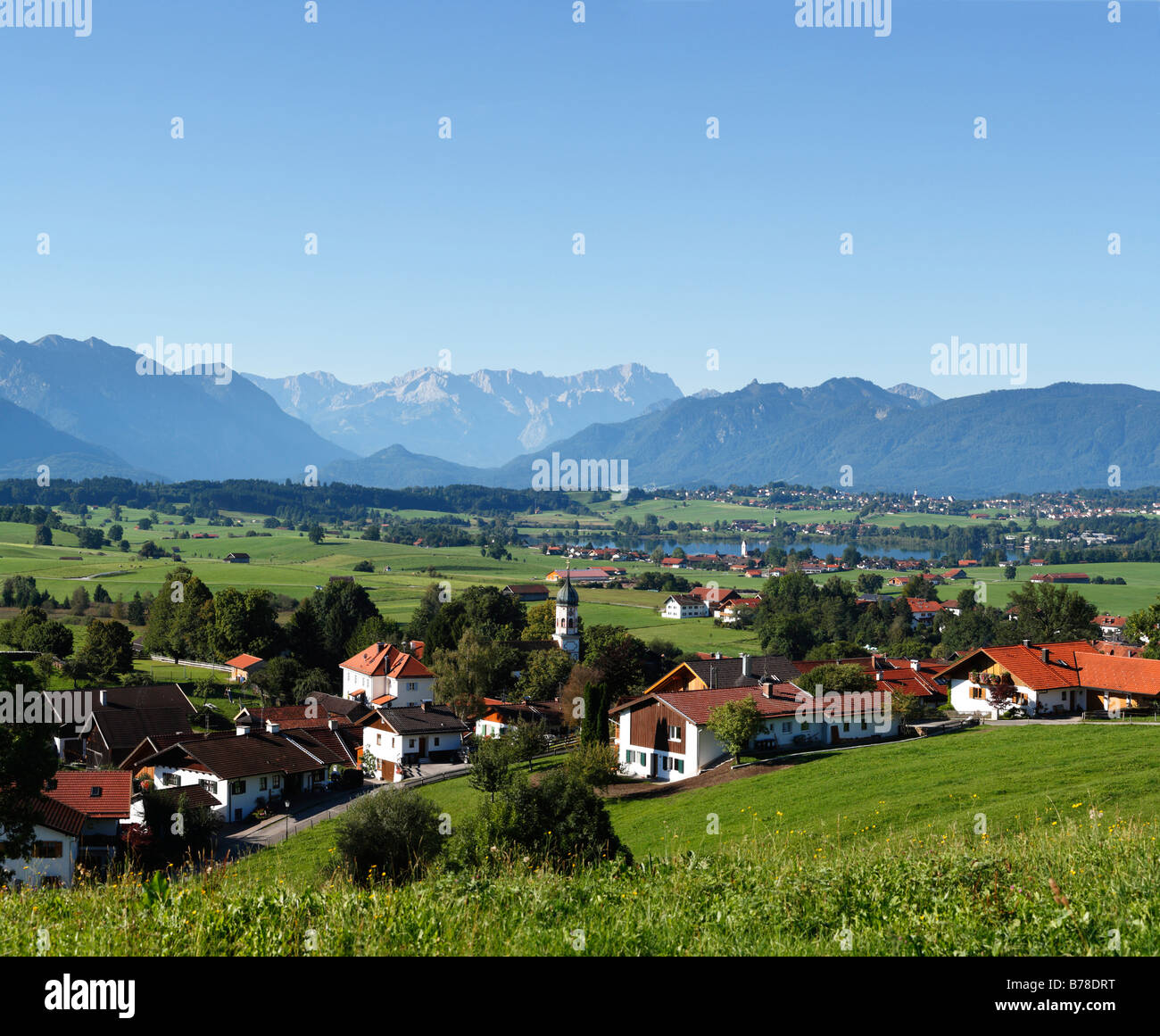View from Aidling over Riegsee Lake and Murnau to the Wetterstein Mountains with Mt. Zugspitze, Alpine foreland, Upper Bavaria, Stock Photo