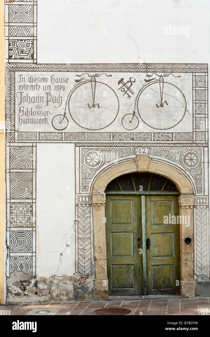 Puch Memorial, remembrance of the locksmith apprenticeship of Johann Puch, sgraffito decoration, Bad Radkersburg, Styria, Austr Stock Photo