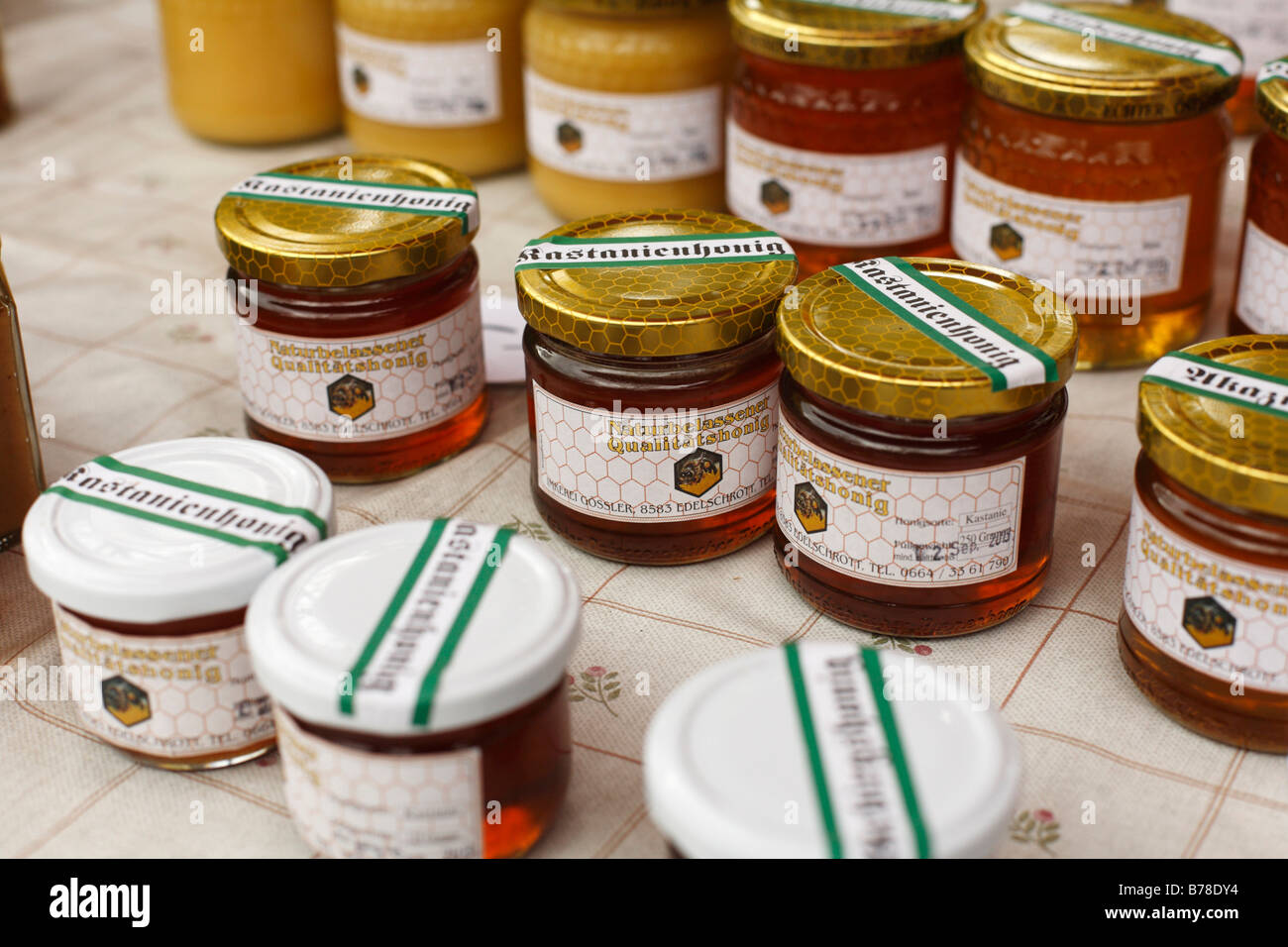 Honey jars, farmer's market at Kaiser-Josef-Platz, Graz, Styria, Austria, Europe Stock Photo