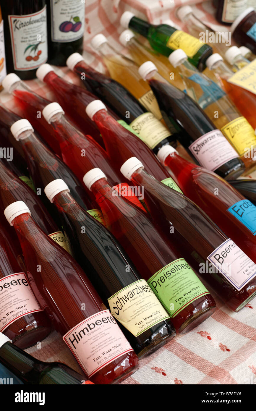 Syrup bottles, farmer's market at Kaiser-Josef-Platz, Graz, Styria, Austria, Europe Stock Photo