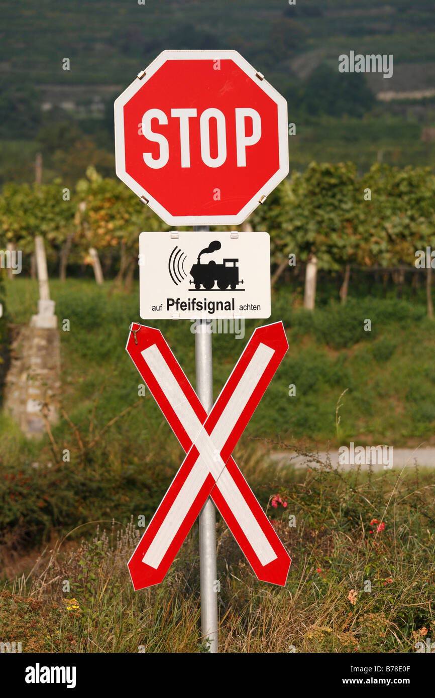 Sign on the railway crossing in Joching in Wachau, Waldviertel dictrict, Lower Austria, Europe Stock Photo