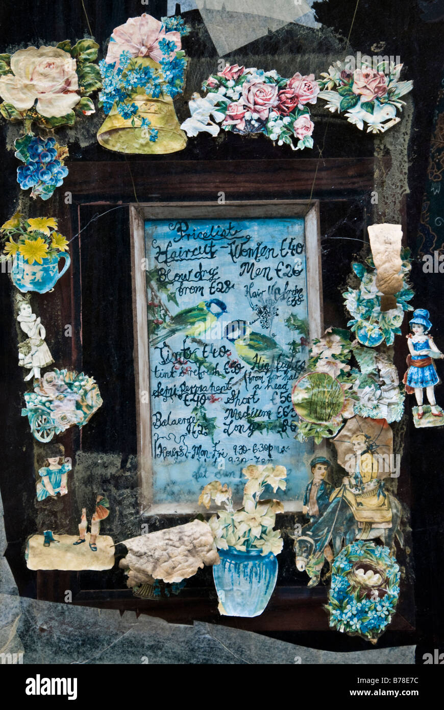 Hairdresser's window display in Spitalfields Market, London Stock Photo