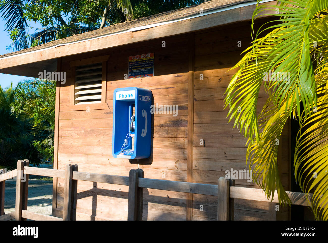 Telephone on a wooden house, Honduras, Central America Stock Photo