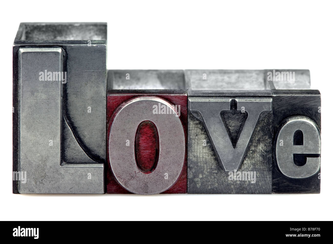 The word Love in old letterpress printing blocks isolated on a white background Stock Photo