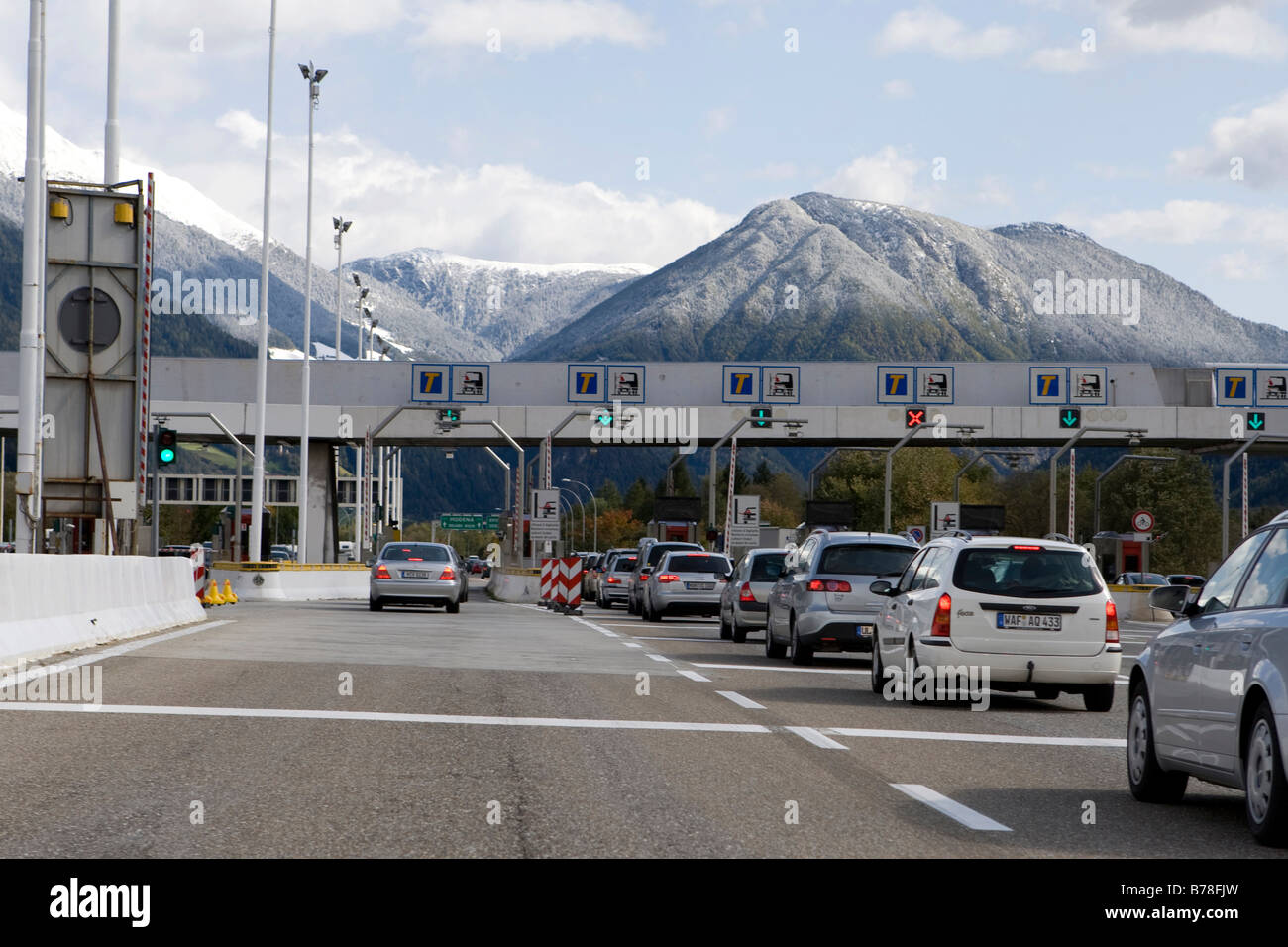 Car queue at a tollbooth on the Brenner motorway between Austria and ...