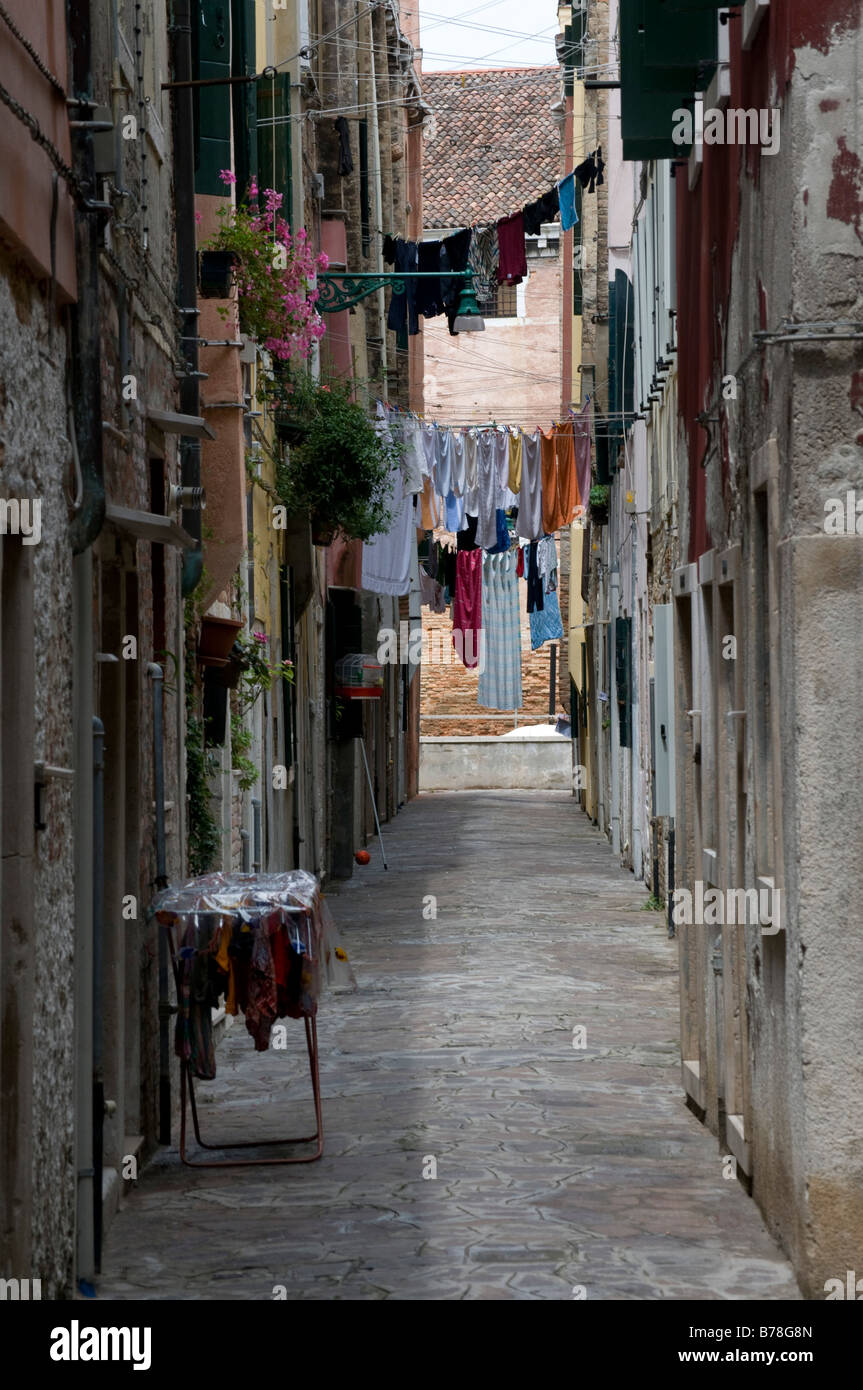 Italy, Venice, Clotheslines in lane Stock Photo