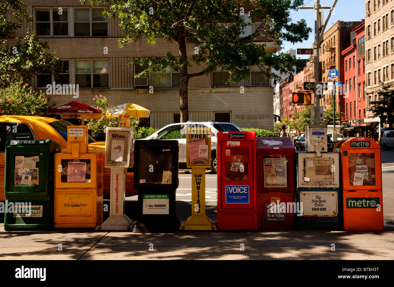 Newspaper automats in Greenwich Village, New York City, USA, North America Stock Photo