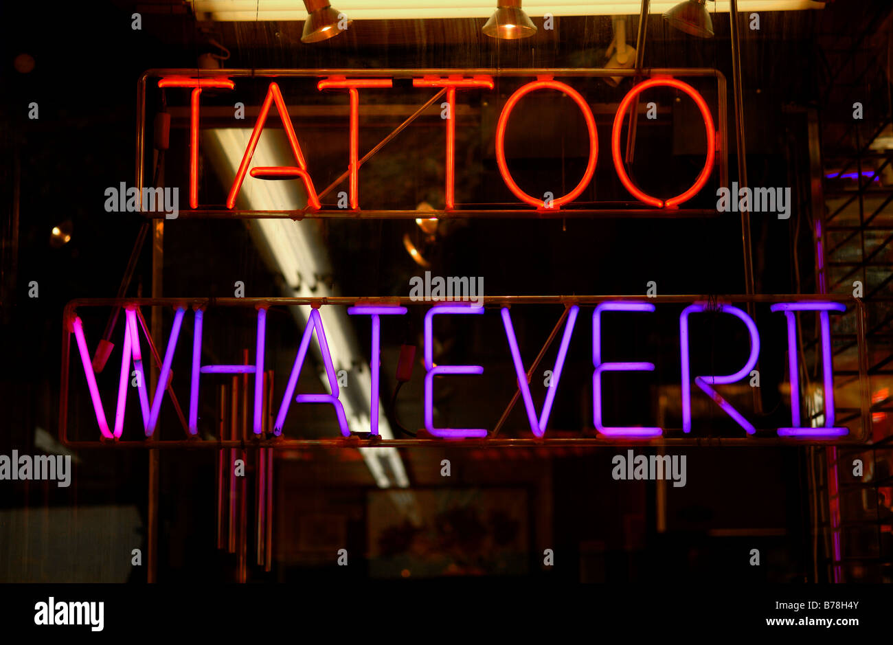 Neon advertising for tattoos, New York City, USA Stock Photo