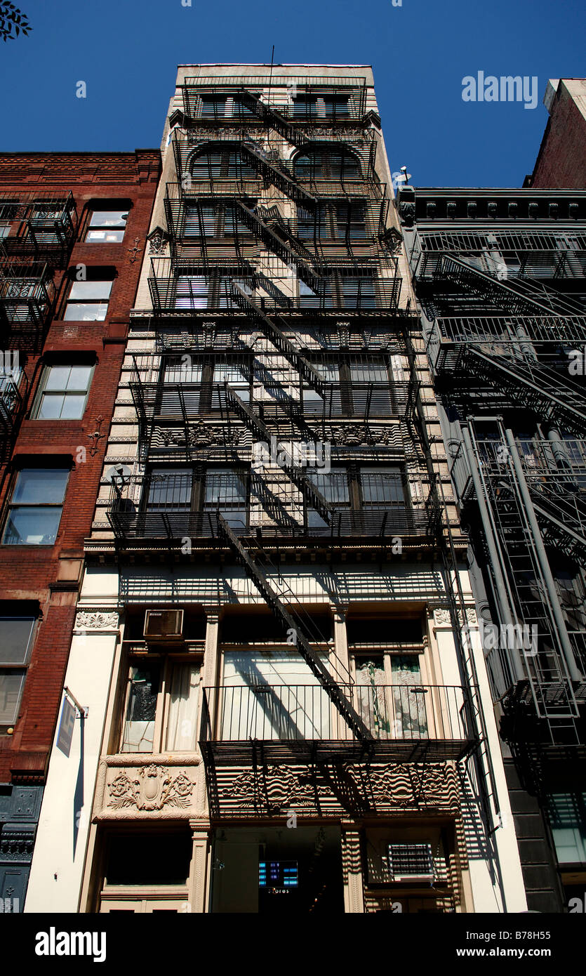 Old residential house with fire ladders, Downtown New York City, USA Stock Photo
